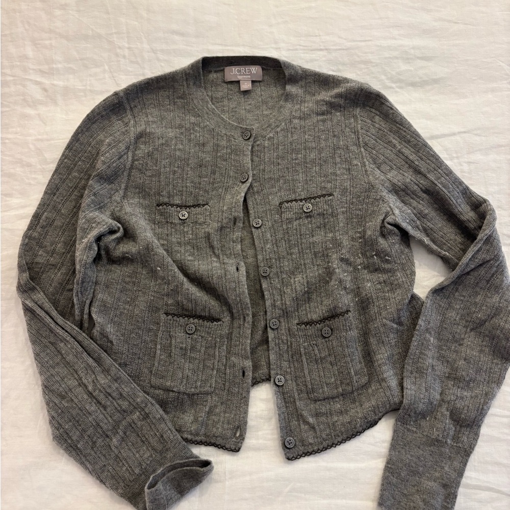 J. Crew Light Gray Pointelle 100% Cashmere Cardigan Sweater